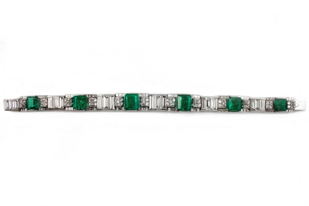 Art Deco Diamond Emerald Platinum Line Bracelet