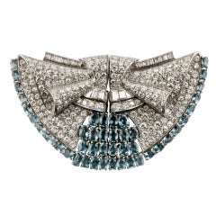 Art Deco Aquamarine Diamond Platinum Double Clip Brooch