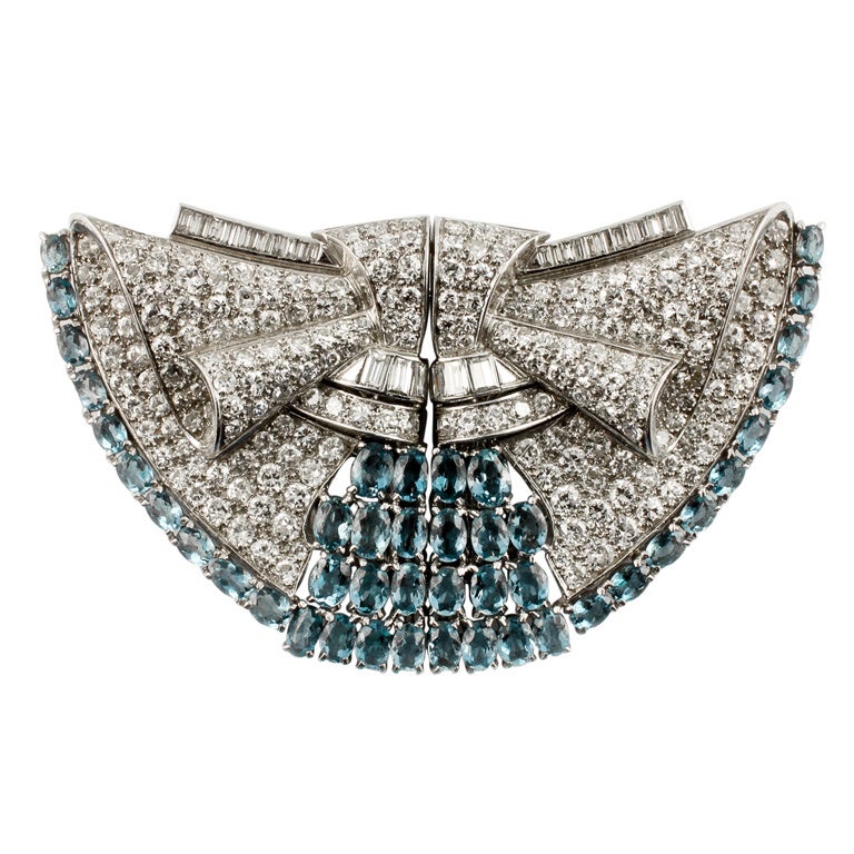 Art Deco Aquamarine Diamond Platinum Double Clip Brooch For Sale