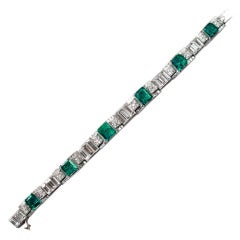 Art Deco Diamond Emerald Platinum Line Bracelet