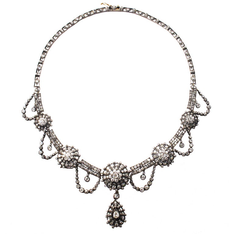 Victorian Diamond Silver Gold Festoon Necklace For Sale