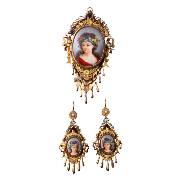 Antique Miniature Demi Parure Enamel Gold Portrait of Lady Pendant and Earrings For Sale