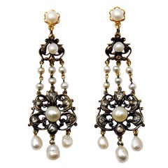 Antique rose-cut diamond and pearl chandelier earrings