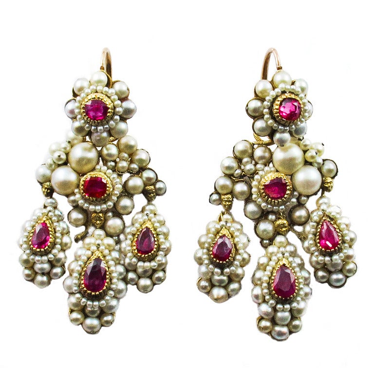 Antique ruby and pearl Girandole Earrings