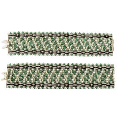 Antique Art Deco Emerald Onyx Pearl Platinum Bead Twin Bracelets or Choker Necklace