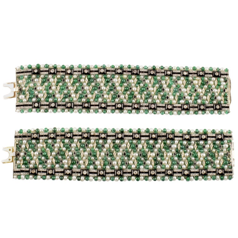 Art Deco Emerald Onyx Pearl Platinum Bead Twin Bracelets or Choker Necklace For Sale