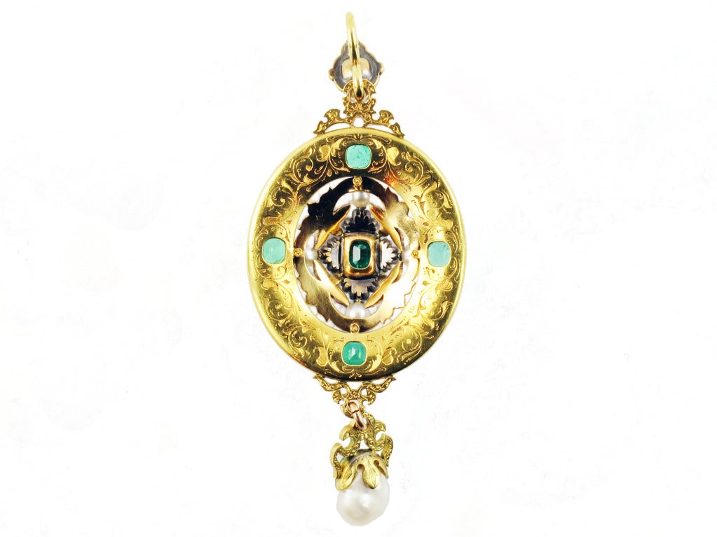 A Holbeinesque emerald, diamond, pearl gold and champlevé enamel pendant,  suspending a natural pearl. The gold back is engraved. GIA certificate for the pearl. England, 1860 c.a.