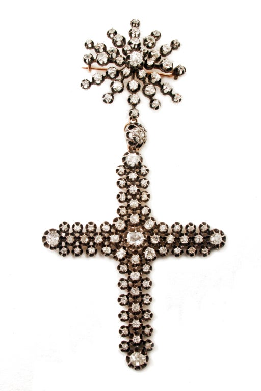 Victorian Antique Diamond Gold Cross Pendant Star Brooch For Sale