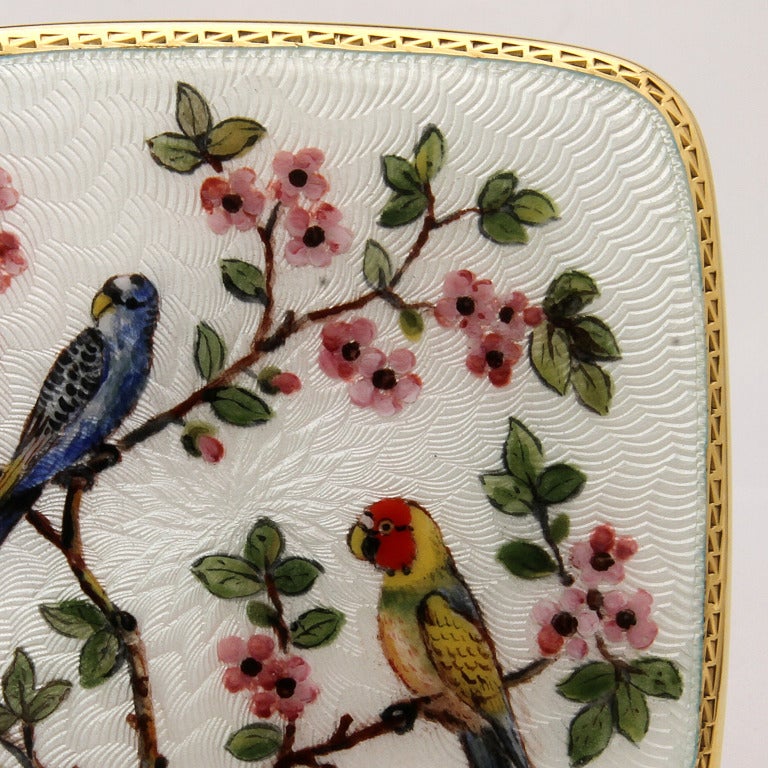 Contemporary Parrots Perched on Peach Blossom Branch Enamel Silver Gold Mother of Pearl Box For Sale