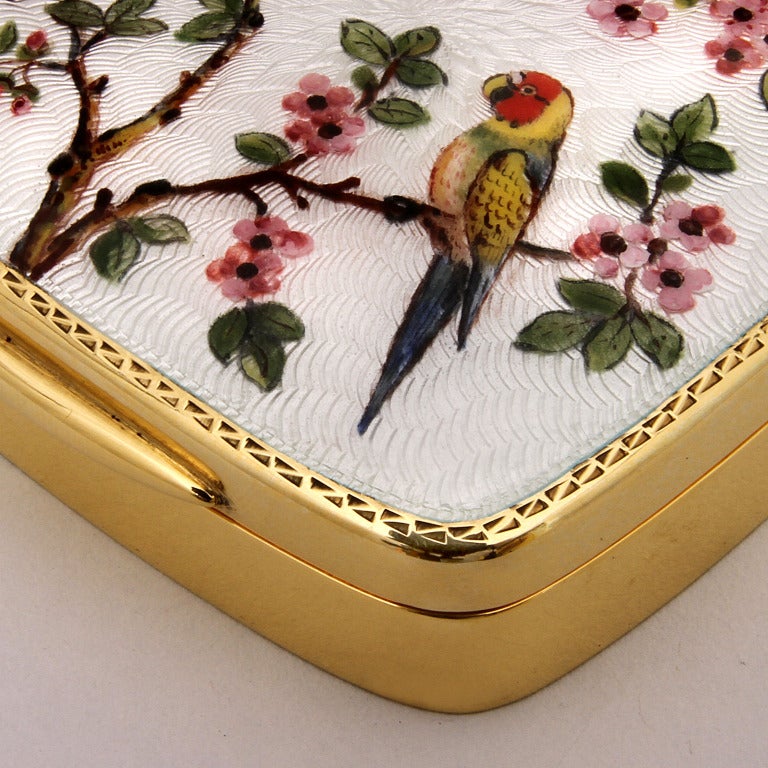 Women's or Men's Parrots Perched on Peach Blossom Branch Enamel Silver Gold Mother of Pearl Box For Sale