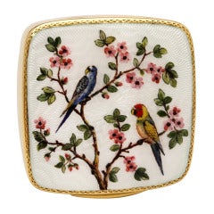 Parrots Perched on Peach Blossom Branch Enamel Silver Gold Mother of Pearl Box
