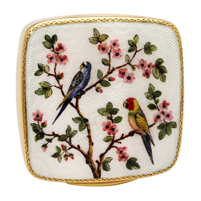 Parrots Perched on Peach Blossom Branch Enamel Silver Gold Mother of Pearl Box For Sale