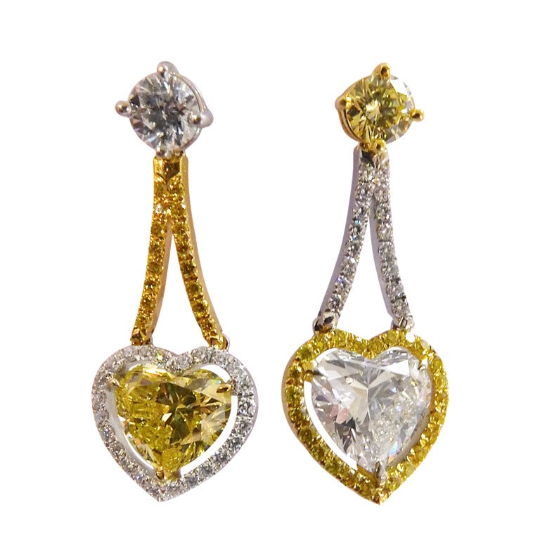 Yellow Gold Diamond Platinum Heart Shaped Earrings at 1stdibs