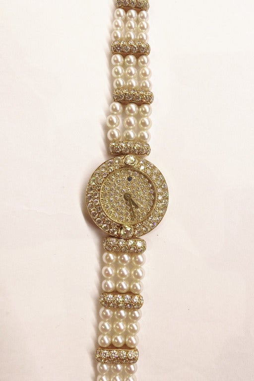 Women's Boucheron Lady's Yellow Gold, Diamond and Pearl Bracelet Watch circa 1980s