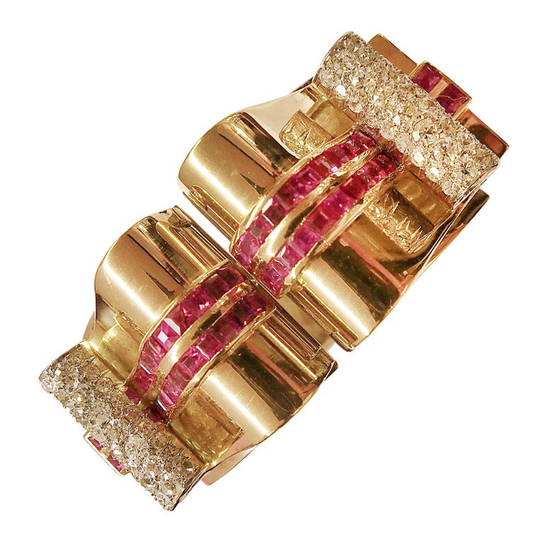 Retro Ruby Diamond Gold Platinum Clips on Convertible Bangle Bracelet