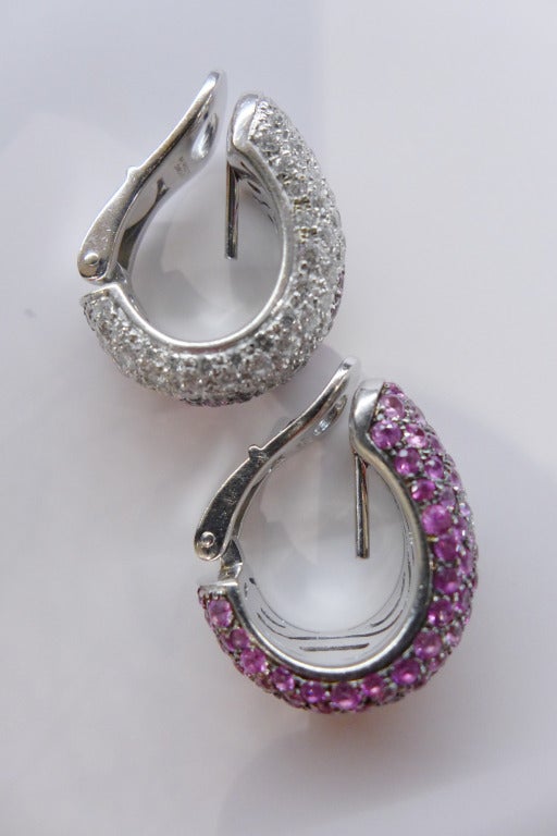 Pair of Chopard earrings, white gold, pink sapphires and diamonds.