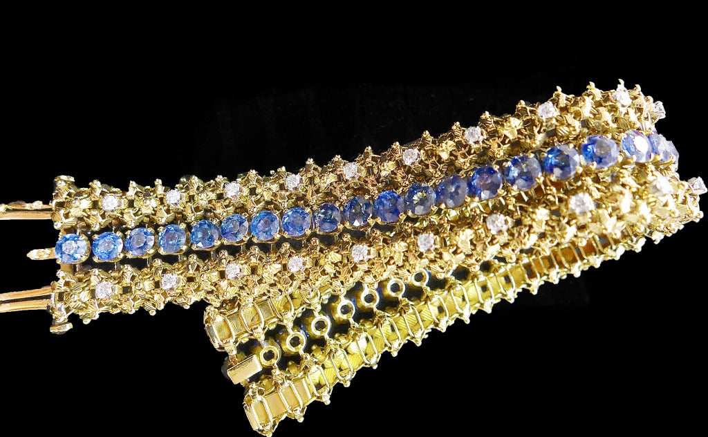 1960's Yellow gold bracelet set with sapphires and diamonds made by André Col. In Good Condition In Paris, IDF