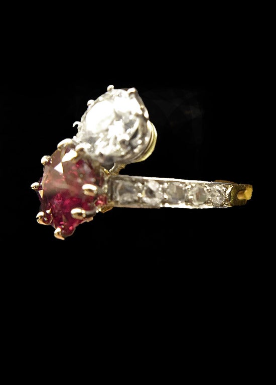 Art Nouveau Belle Epoque Diamond and Ruby Crossover Ring.