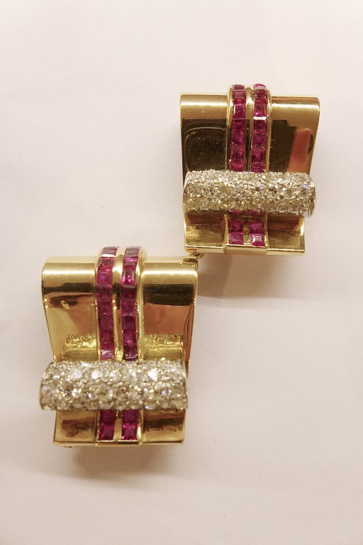 Women's Retro Ruby Diamond Gold Platinum Clips on Convertible Bangle Bracelet
