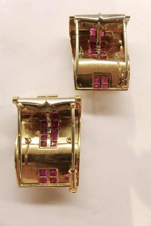 Retro Ruby Diamond Gold Platinum Clips on Convertible Bangle Bracelet 1