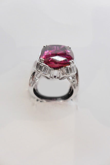 Women's Platinum ring set with a rubellite and baguette-cut diamonds
