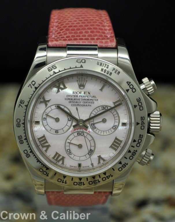 Rolex 18k White Gold Daytona Wristwatch with Pink Mother-Of-Pearl Dial, Ref. 116519

Brand: Rolex
Model Name: Daytona
Serial: P******
Reference: 116519
Dial Window: Sapphire Crystal
Case Material: 18K White Gold
Case Diameter (with crown):