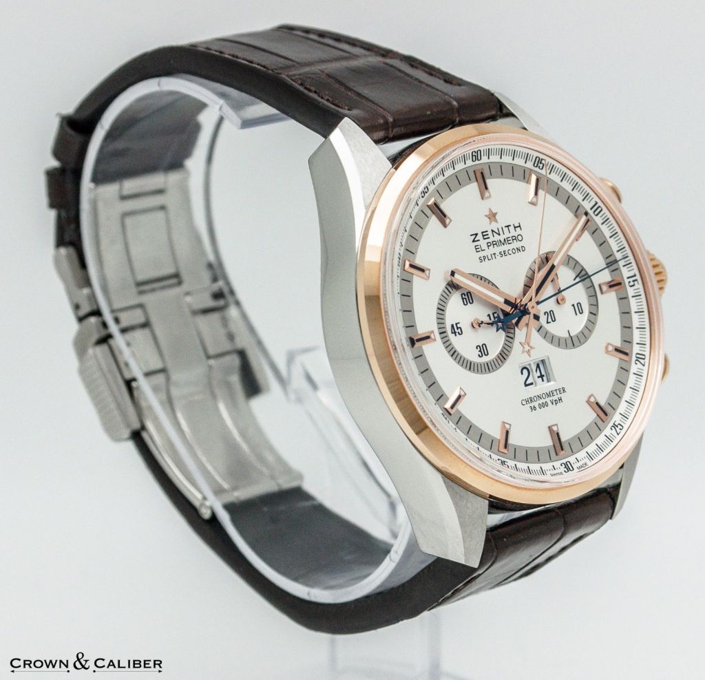 Zenith Stainless Steel and Rose Gold El Primero Rattrapante Split-Second Chronograph Wristwatch In Excellent Condition In Atlanta, GA