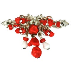 Vintage Miriam Haskell Red and White Glass Brooch