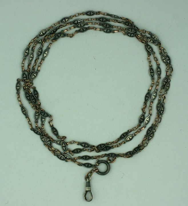 Edwardian niello long watch chain with beautiful detailing, circa 1880s European.<br />
Super long length: 58