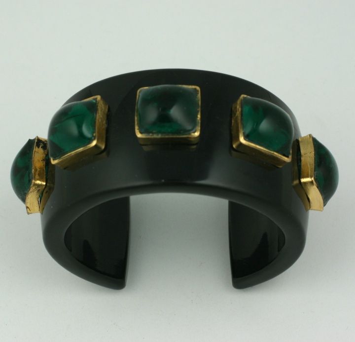 Chanel Cuff with Emerald Poured Glass Stones In Excellent Condition For Sale In New York, NY
