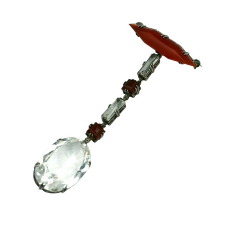 Art Deco Crystal and Carnelian Fob Brooch For Sale