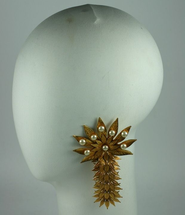 Women's Dominique Aurentis massive pearl and gilt metal palm frond Earclips