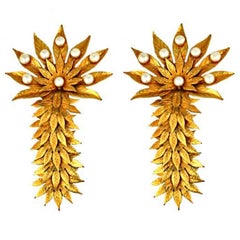 Dominique Aurentis massive pearl and gilt metal palm frond Earclips