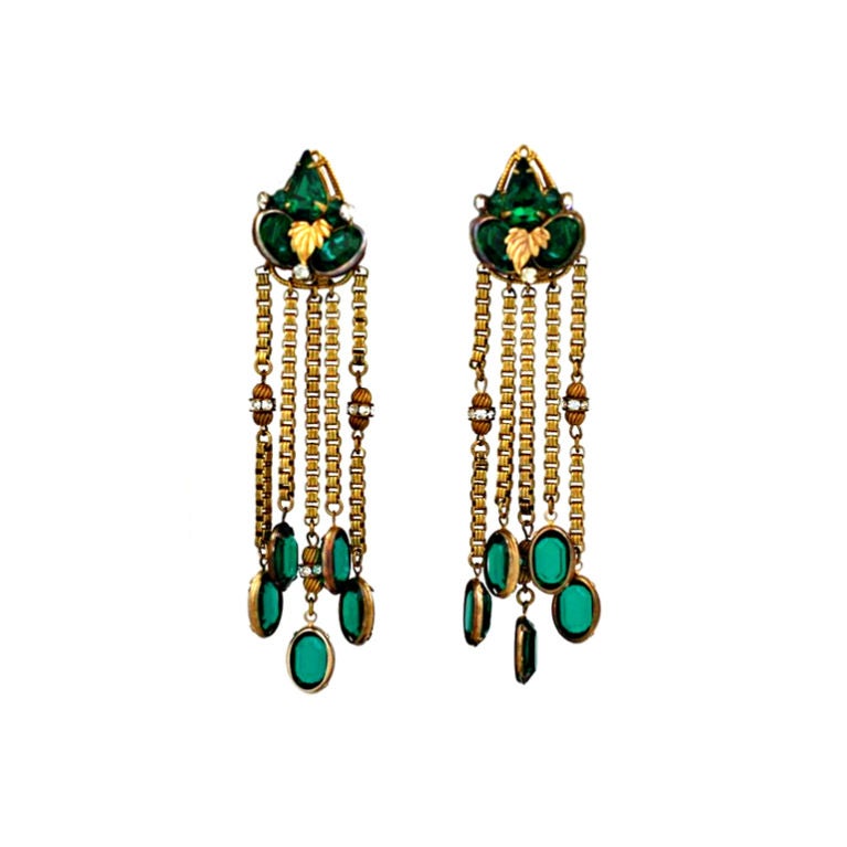 Miriam Haskell Emerald Crystal Long Earrings For Sale