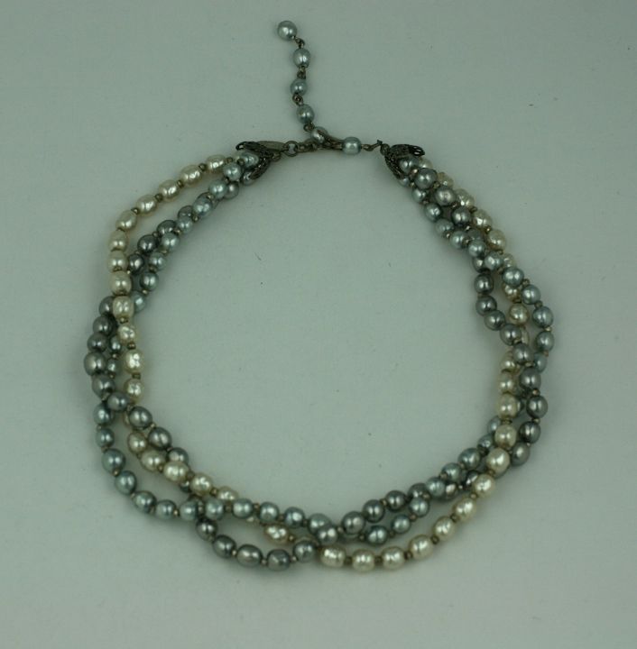Miriam Haskell three strand  necklace of silver gray and ivory signature baroque pearls <br />
14
