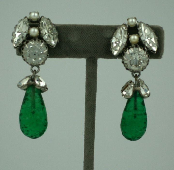 Attractive Schreiner paste and emerald drop earrings. Clip back fittings. 2