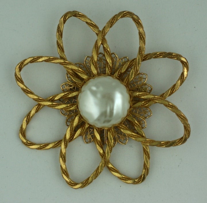 Miriam Haskell large gilt sunflower brooch with faux pearl center. Signature Russian gold finish. 1960s Usa.  4