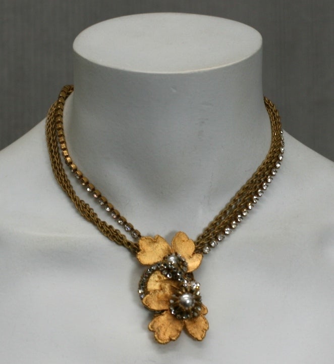 Haskell Gilt Leaf, Pearl and Pave Necklace In Good Condition For Sale In New York, NY