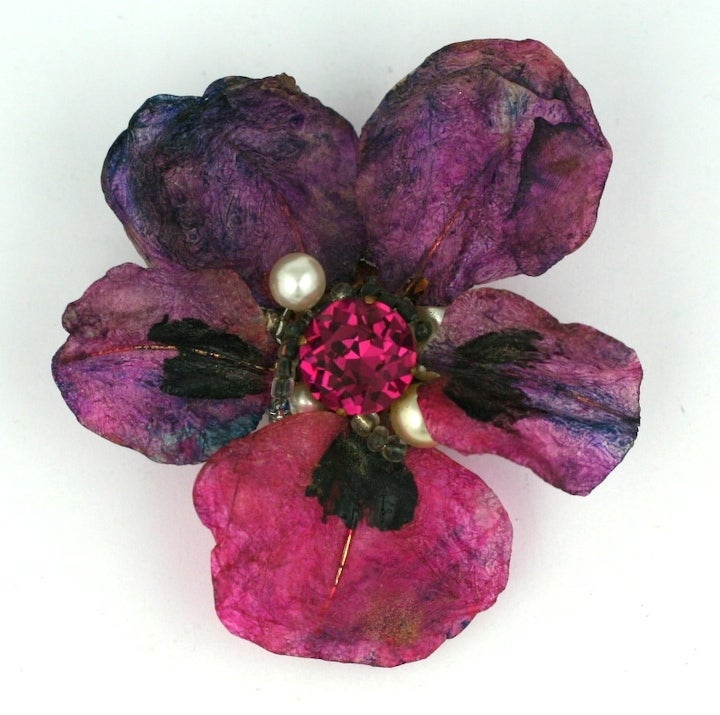 Rare Felix Pansy clip brooch of fushia pink resin,faux pearls and fushia crystal. 3.5