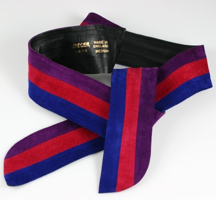 Jaeger color blocked suede sash in cobalt,red and purple lined in black kid. 1970s.  Length 50