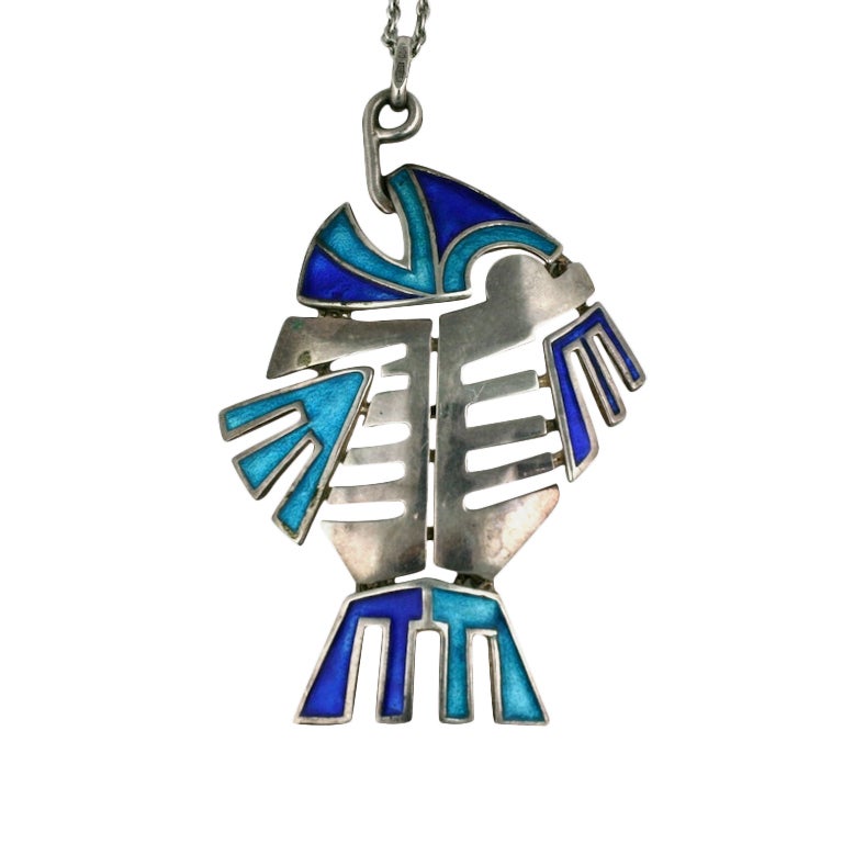 Silver and Enamel Articulated Italian Fish Pendant For Sale