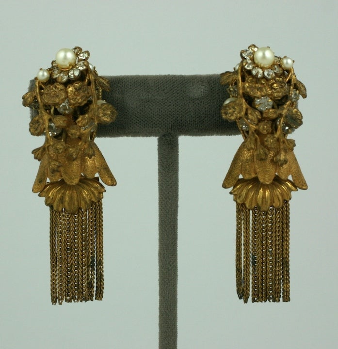 Attractive Miriam Haskell earrings in signature russian gilt with pearls and pave accents. 1950s USA. 2