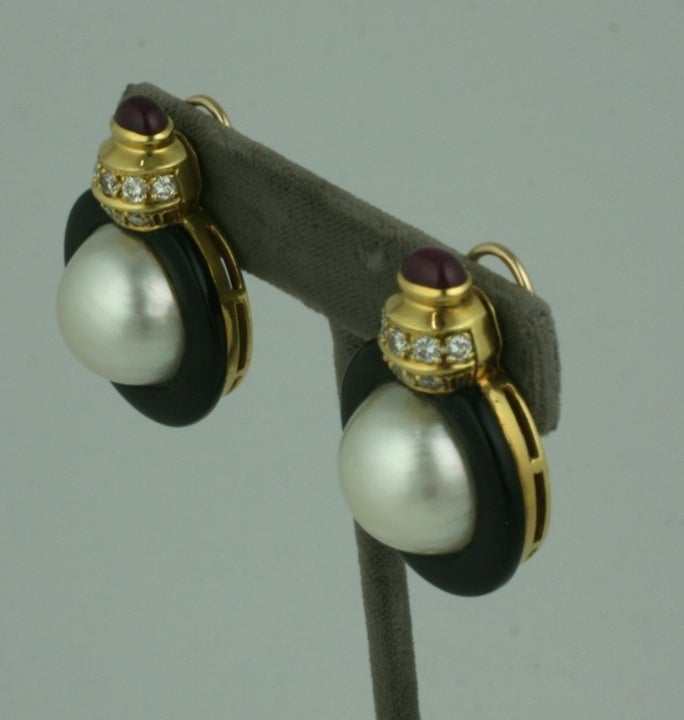 Mabe Pearl, Diamond, Onyx and Ruby Earclips In Excellent Condition In New York, NY