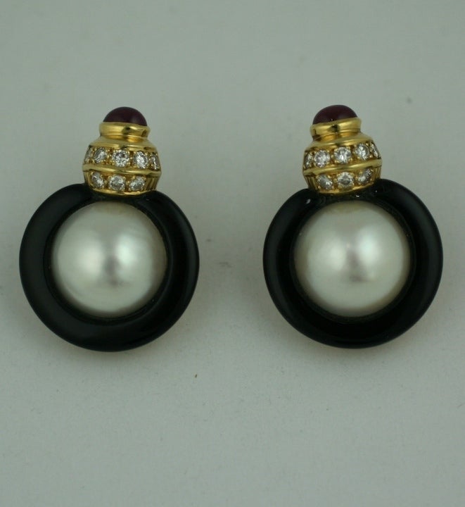 Mabe Pearl, Diamond, Onyx and Ruby Earclips 1