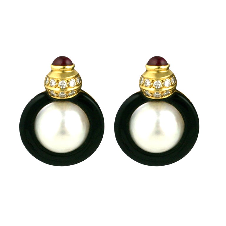 Mabe Pearl, Diamond, Onyx and Ruby Earclips