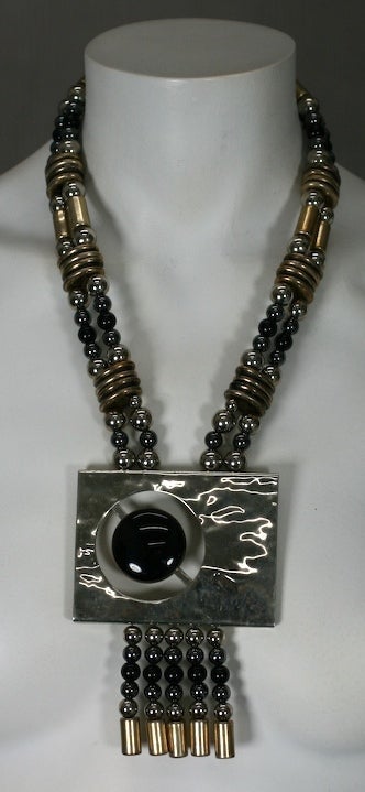 80's Chrome and Onyx Pendant In Excellent Condition For Sale In New York, NY