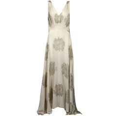 Art Deco French Lame Chiffon Floral Bias Gown