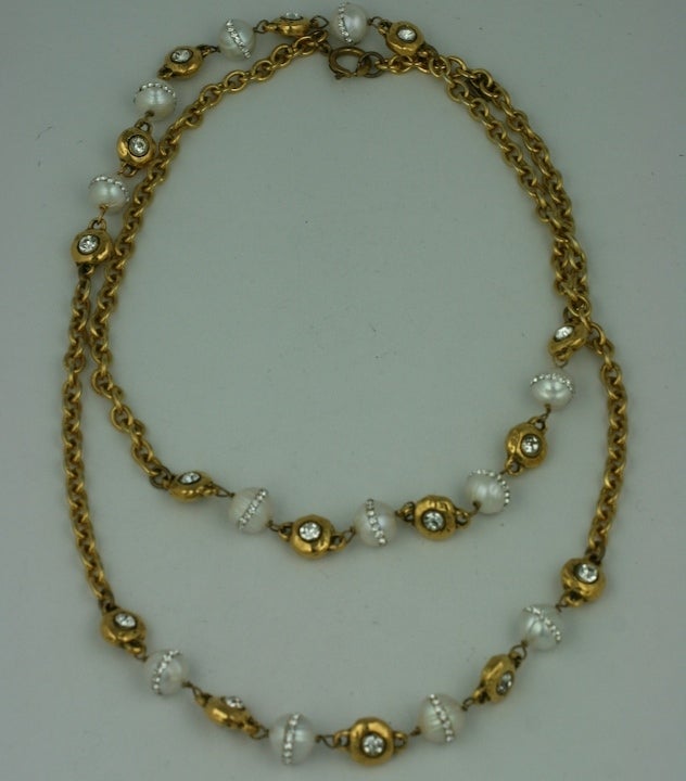 Chanel sautoir of bronze crystal set stations mixed with satellite pearls with pave inserts. Unusual and attractive necklace. Signed