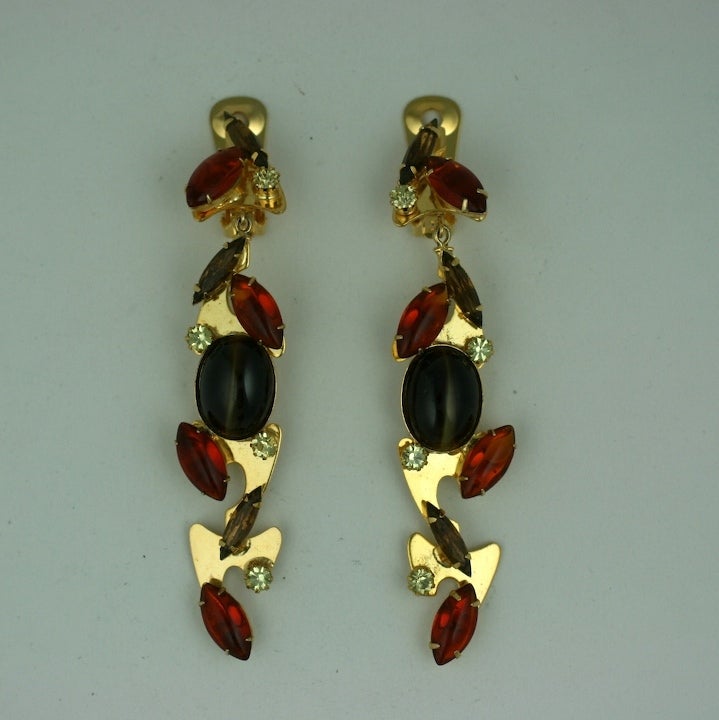 Cool abstract earrings in the moderne style with marquise set stones on a gilt 