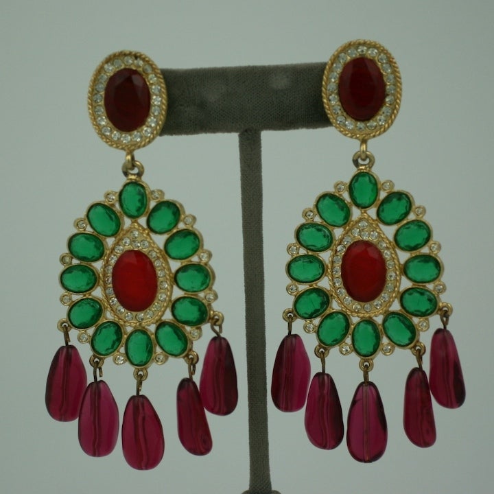 K.J.L earrings from the late 1980s in the Indiam Moghul taste with rubies, pastes and faux emeralds. Clip back fittings.
Excellent condition. 4